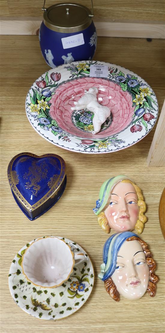 A Wedgwood jasper barrel, a Carltonware box, a Maling dish, Beswick masks, etc.